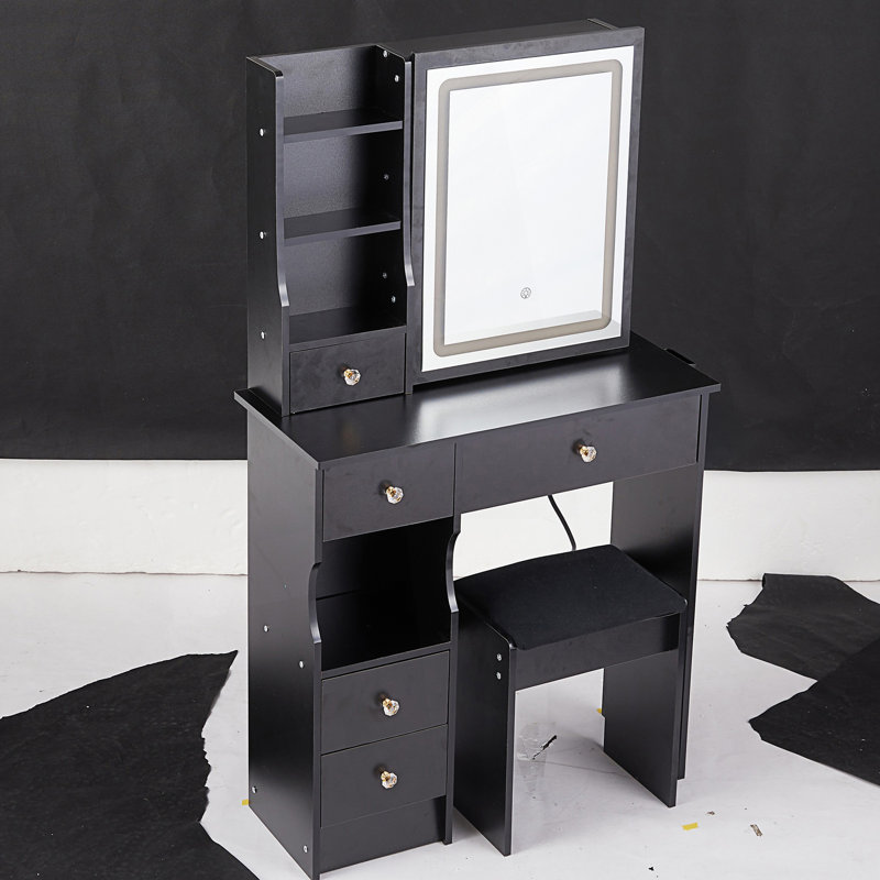 Vanity Table With Sliding Drawer, Touch-Control LED Mirror And Cushioned Stool