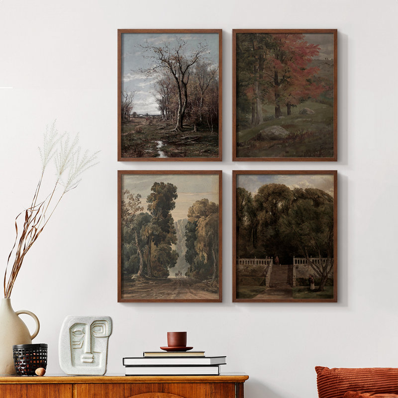 "Vintage Landscape Cxx" 4 pièces sur papier, Noir, H 14 po x l 44 po