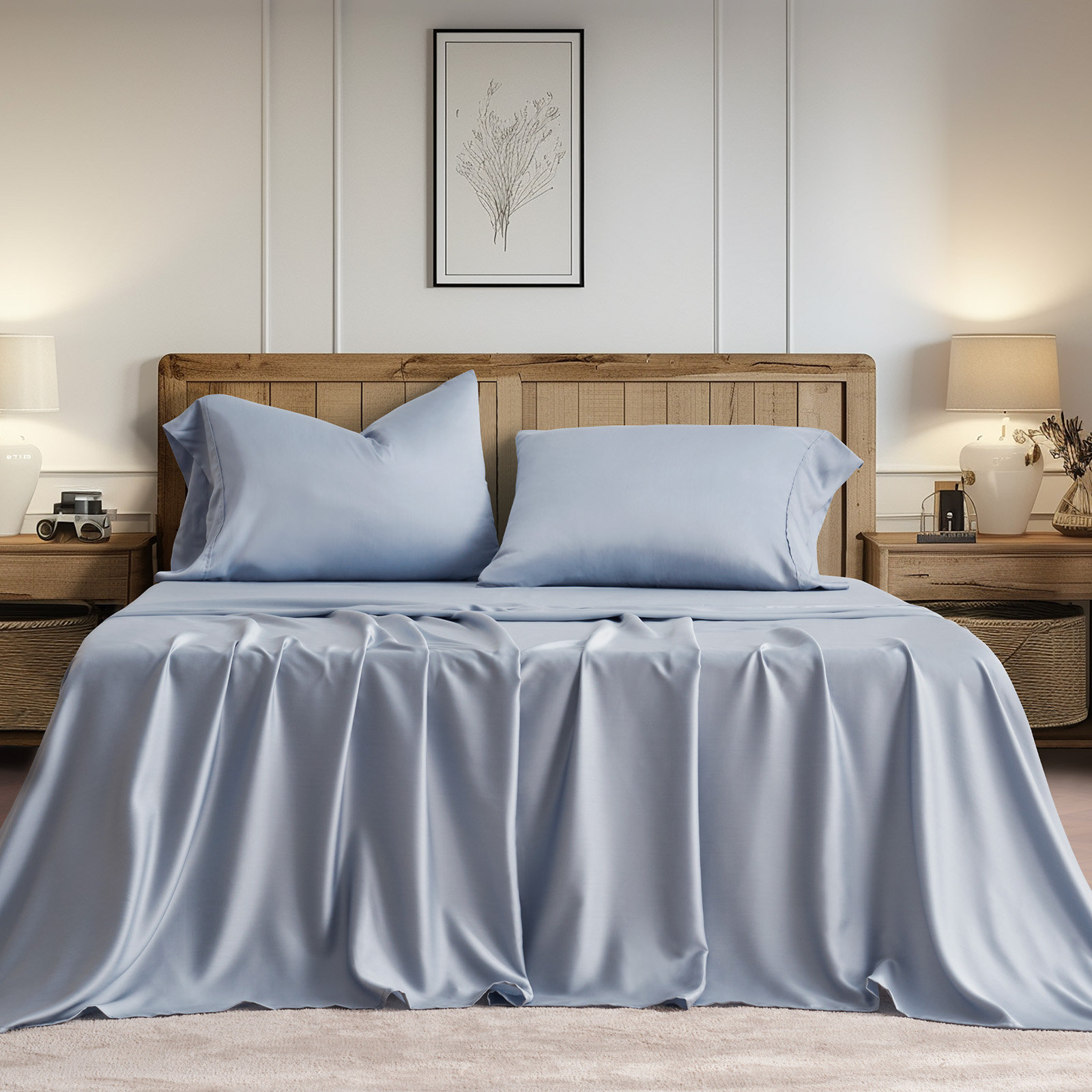 Tencel Sheet Set 4 Pieces, Pearl Blue, Queen Sheet Set + 1 Fitted Sheet + 2  Pillowcases