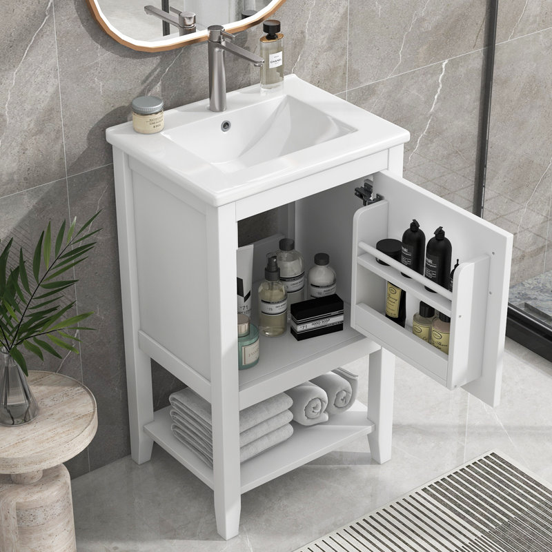 Meuble-lavabo de salle de bain avec lavabo, porte à fermeture douce, support de rangement et tablette ouverte pour les salles de bain modernes