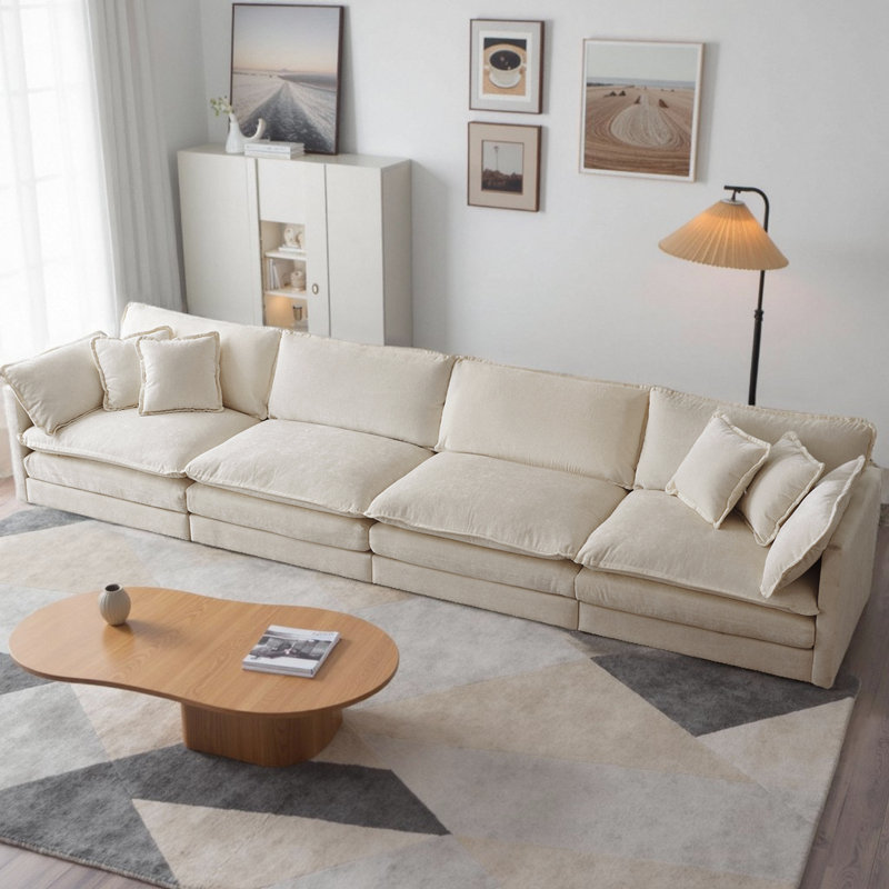 Canapé de style Mid-Century rembourré en chenille avec 5 coussins décoratifs, conception modulaire pour le salon, 4, Beige