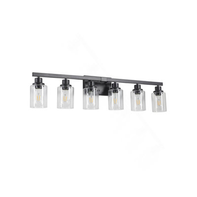 Luminaire de meuble-lavabo moderne de 37 po à 6 lumières - fini noir avec abat-jour en verre transparent, pour l'éclairage de la salle de bain, du meuble-lavabo et du vestiaire (ampoules non incluses)