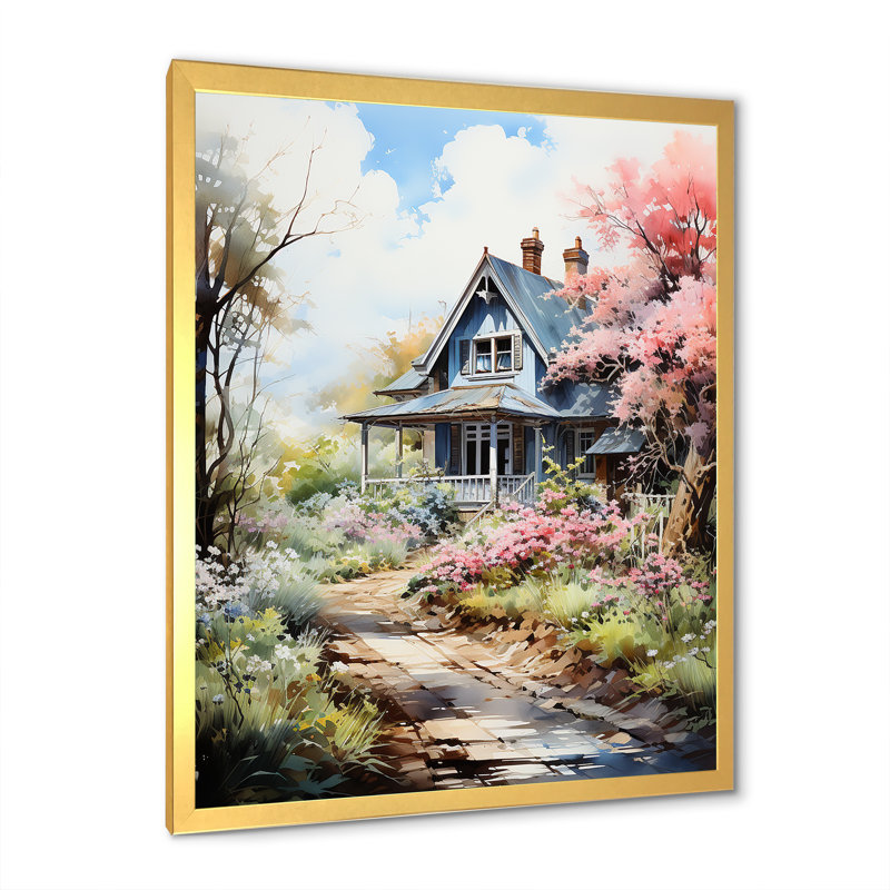 «Blossom Bungalow By The Lake 3», art mural paysage, Encadrement doré, H 40 po x l 30 po x P 1,5 po