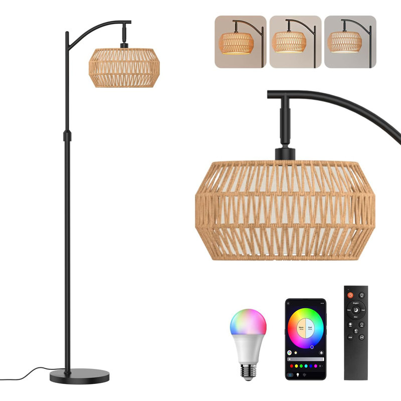 Arc Floor Lamp With 3 Color Temperatures & Dimmable RGB Bulb, Adjustable Height Farmhouse Floor Lamp With Rattan & Fabric Shades, Remote Control & Timer Function For Living Room, Bedroom, Office