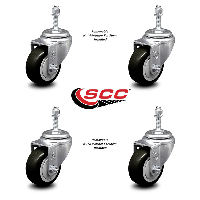 3.5 Inch_ Polyurethane Wheel Swivel 10mm Threaded Stem Caster Set SCC