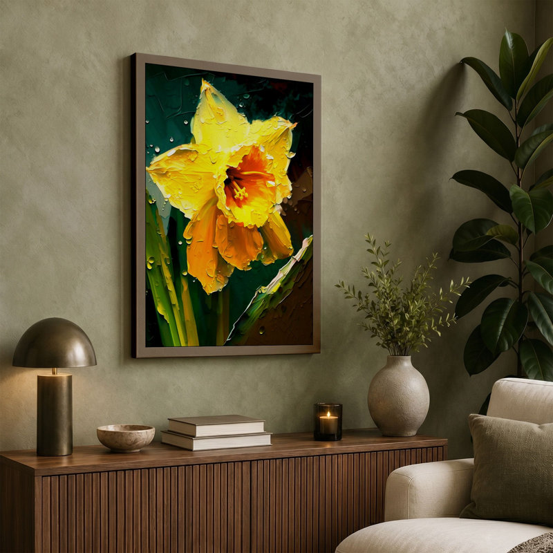 Daffodil with Dewdrops Botanical 1 Piece Wrapped Canvas Wall Art, 30x20 - 76.2 x 50.8 cm, Sage Border
