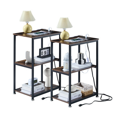 Ortha Side End Table With Charging Station, Set Of 2 With USB Ports And Outlets, Nightstand With 2-Layer Storage Shelves For Small Spaces