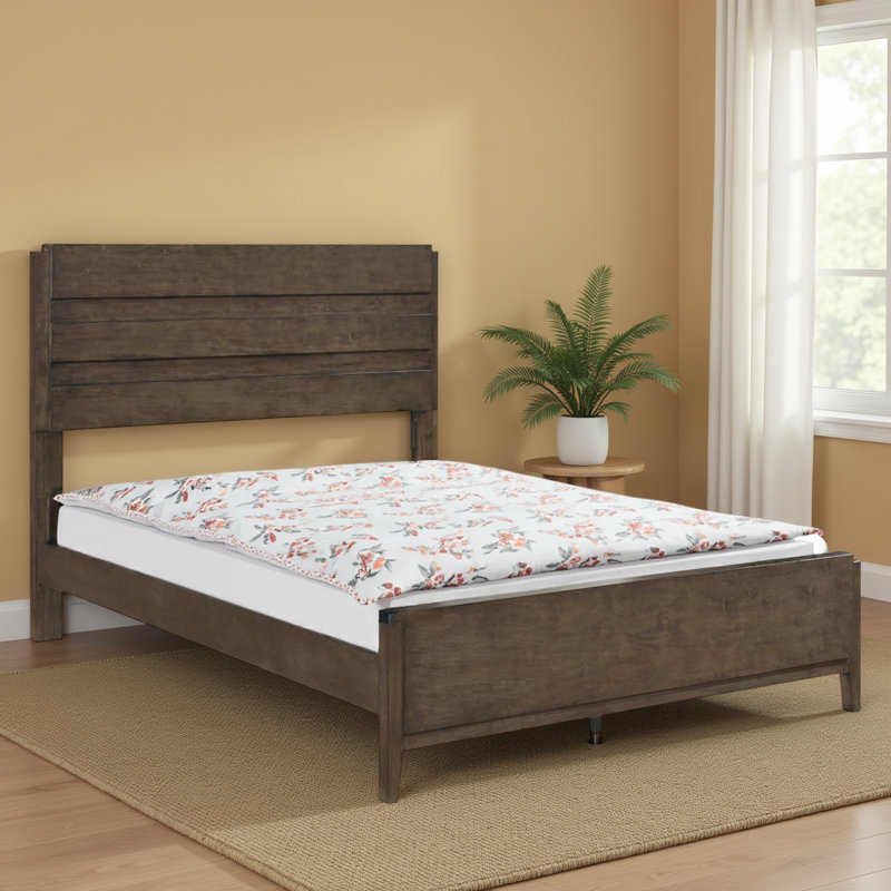 Base de lit en bois d'hévéa massif grand format transitionnel - Finition noyer foncé, tête et pied de lit à panneau?