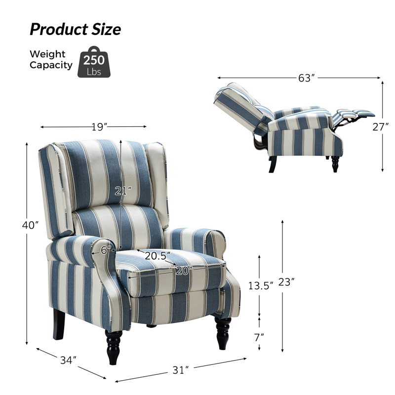 Brodie 31" W Push-Back Recliner, Blue Striped Twill