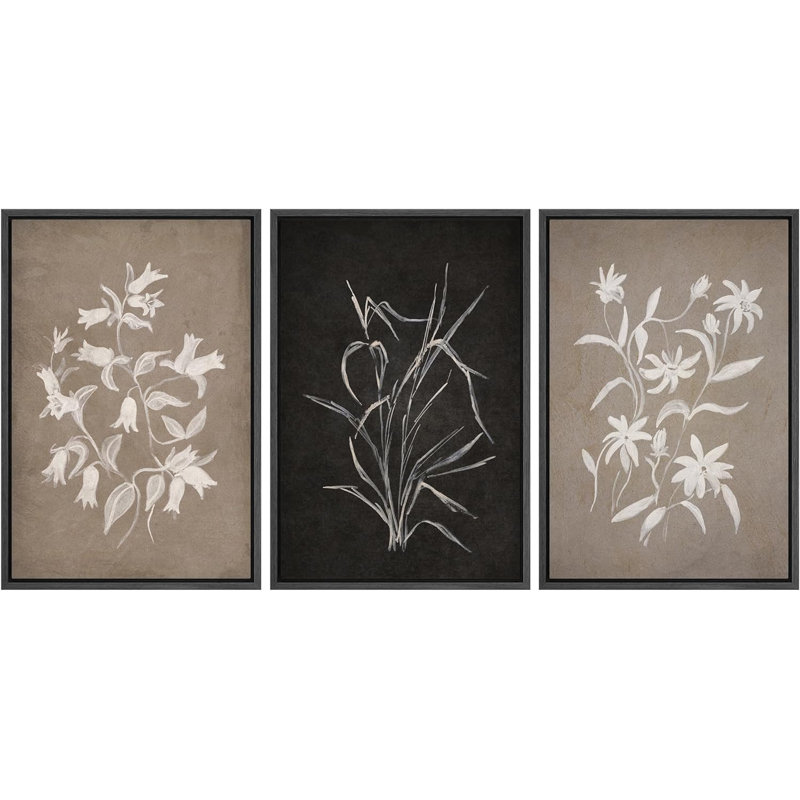 «Modern Monochron Flower Illustration», 3 pièces, Noir, H 24 po x l 16 po
