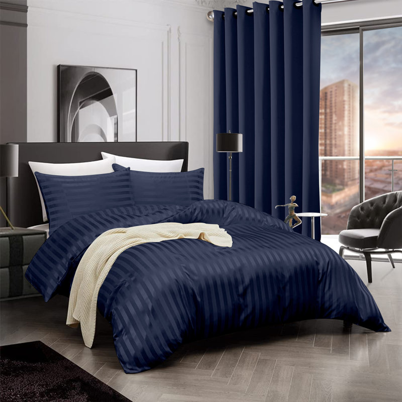 Microfiber Striped Bedding with Pillowcases, Navy, Double Duvet Cover + 2 Standard Pillowcases