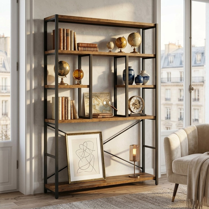 Rustic Industrial 6-Tier Bookshelf - Metal Wood Display Etagere