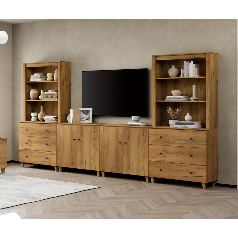 Lysiane Entertainment Center And Bookshelves Set With Drawers And Cabinets For 75" Tvs, Oak Brown