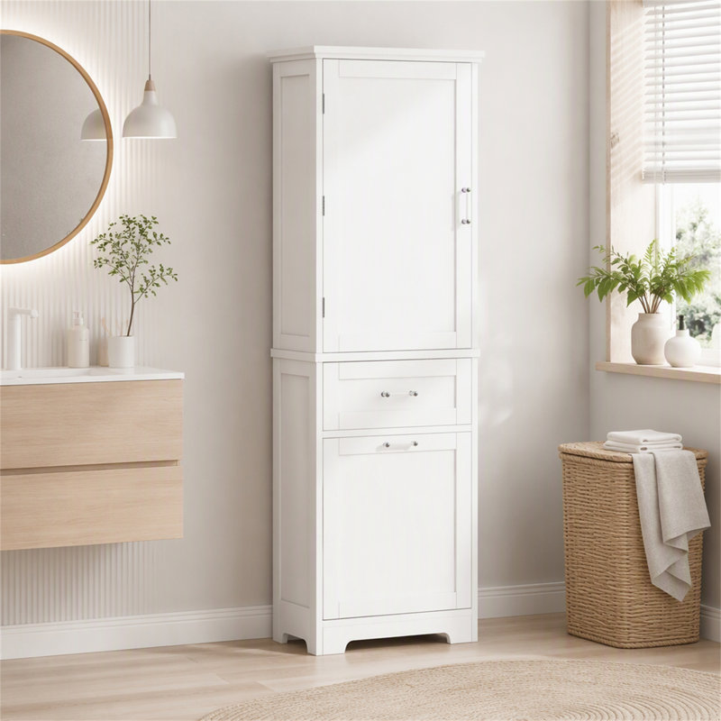 Tall Bathroom Storage Cabinet, Freestanding Storage Cabinet With Two Different Size Drawers And Adjustable Shelf, MDF Board With Painted Finish