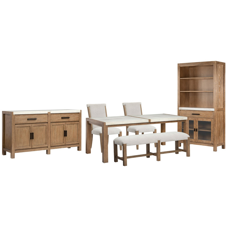 Rectangular Dining Table With 2 Upholstered Side Chairs Bench Server And Display Cabinet