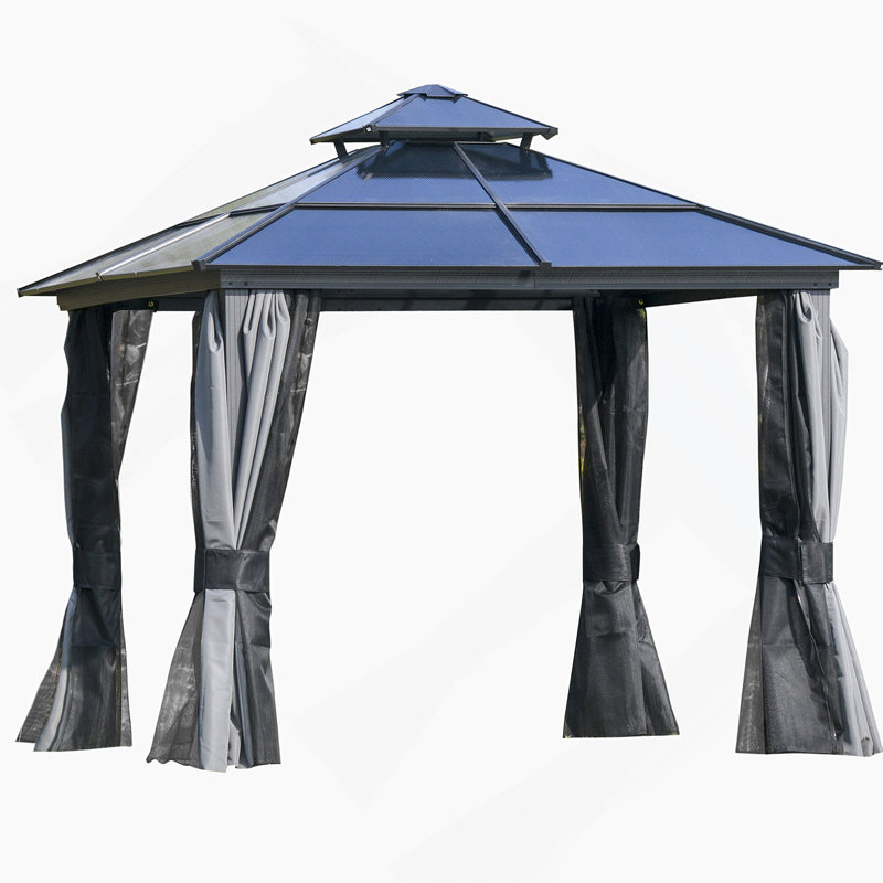 Auvent pour pavillon de jardin 10 po x 10 pi avec toit double en polycarbonate, structure en aluminium, pavillon de jardin permanent avec filet et rideaux pour patio, jardin, cour, terrasse, pelouse
