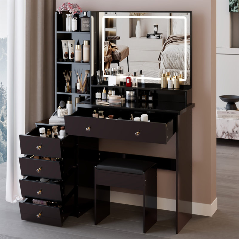 Meuble-lavabo de 41 po avec tabouret de 41 po et tabouret rembourré, grand miroir à DEL à commande tactile, interrupteur à 3 couleurs, commode à plusieurs niveaux avec rangement haute capacité, convient aux grands espaces