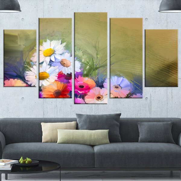 DesignArt White Sunflower And Gerbera Flowers On Canvas 5 Pieces Print ...