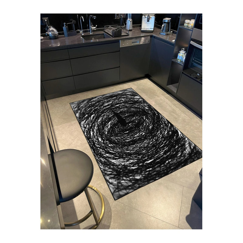 Tapis décoratif noir à motif griffonné et tapis lavable, Rectangle 2 pi 4 po x 4 pi