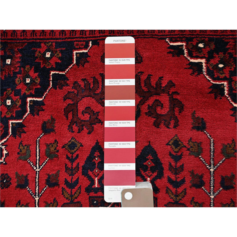 Tapis oriental 3 pi 3 po x 5 pi 1 po rouge cramoisi, Andkhoy afghan avec médaillon géométrique, laine douce et veloutée, noué à la main