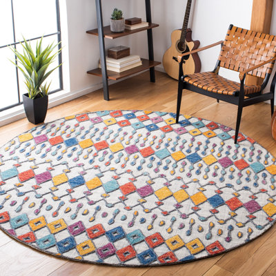 Hand Tufted Wool/Cotton Geometric Rug in Light Blue/Yellow/Red