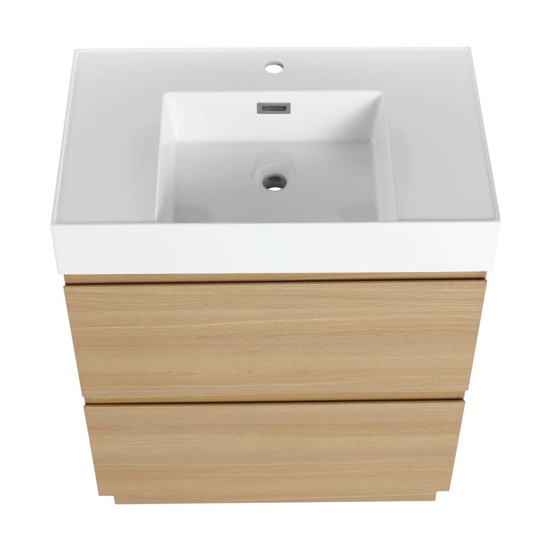 Meuble-lavabo moderne avec lavabo simple encastré et 2 tiroirs, Chêne