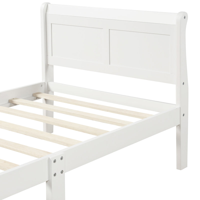 Lit plateforme avec base de lit en bois et sommier avec base de lit et support en lattes de bois, Blanc
