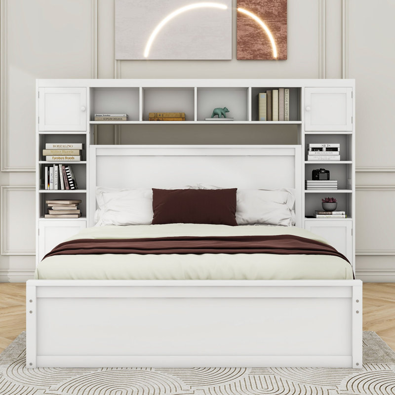 Wooden Platform Bed With 2 Drawers and Trundle and Cabinet, White, Queen, Bed, 2 drawers, trundle