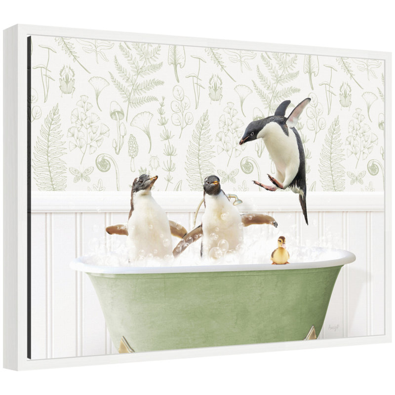 Penguins in Fern Bath by Amy Peterson Framed Canvas Wall Art Print