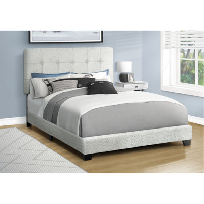 Full Size Upholstered Bed Frame With Transitional Design, Grey Boucle Fabric, Black Block Feet, Wood, Button - Headboard, Comfortable Padding, Quick Assembly Routine Frame, Solid Wood Structure, Low