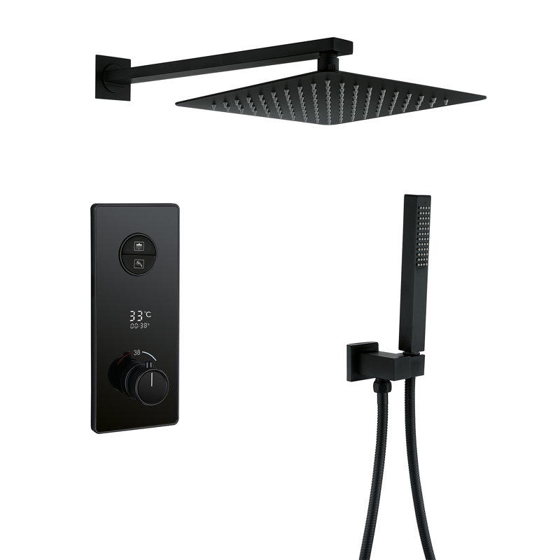 Digital Display Concealed Thermostatic Complete Shower System with Rough-in Valve Rain Shower Heads, Matte Black
