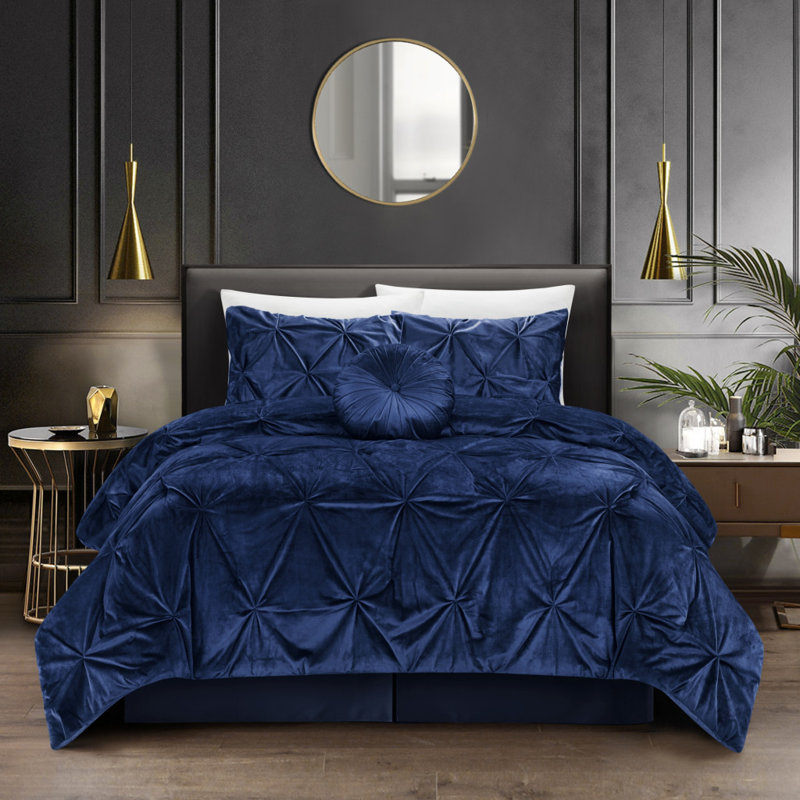 Navy Blue Queen Polyester 130 Thread Count Washable Down Comforter Set