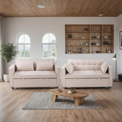 55.5" Modern Linen Futon Sofa Bed With Accent Pillow