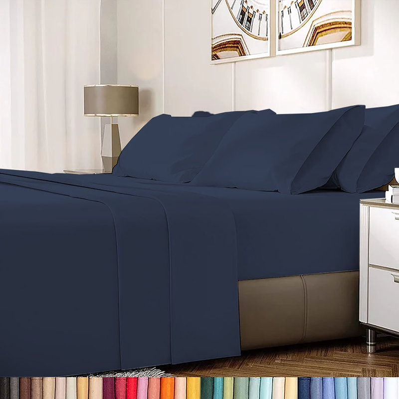 Ensemble de draps en rayonne de bambou 6 pièces , Ensemble de draps pour très grand lit californien, Bleu marine