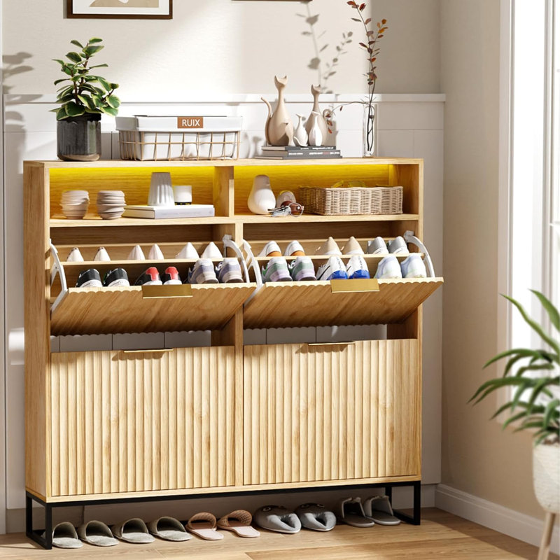 47.2 Inch Wide Slatted 4 Flip Drawers 1 Compartment Storage LED Light Shoe Cabinet, Oak