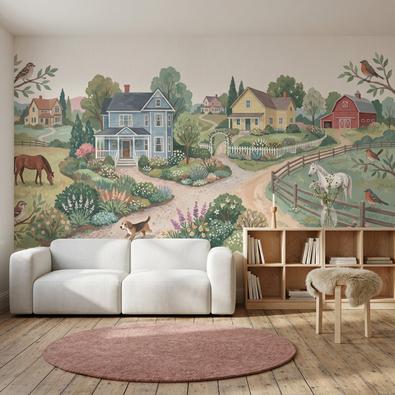 Murale campagne campagne aquarelle, 120 po x 96 po, Peel and Stick