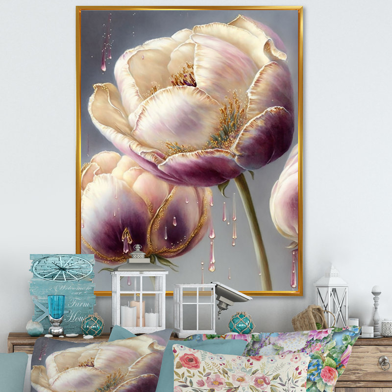 Crème et mauve tulipe II - reproduction d'art sur toile encadrée, H 32 po x l 24 po x P 1 po, Toile avec cadre flottant or