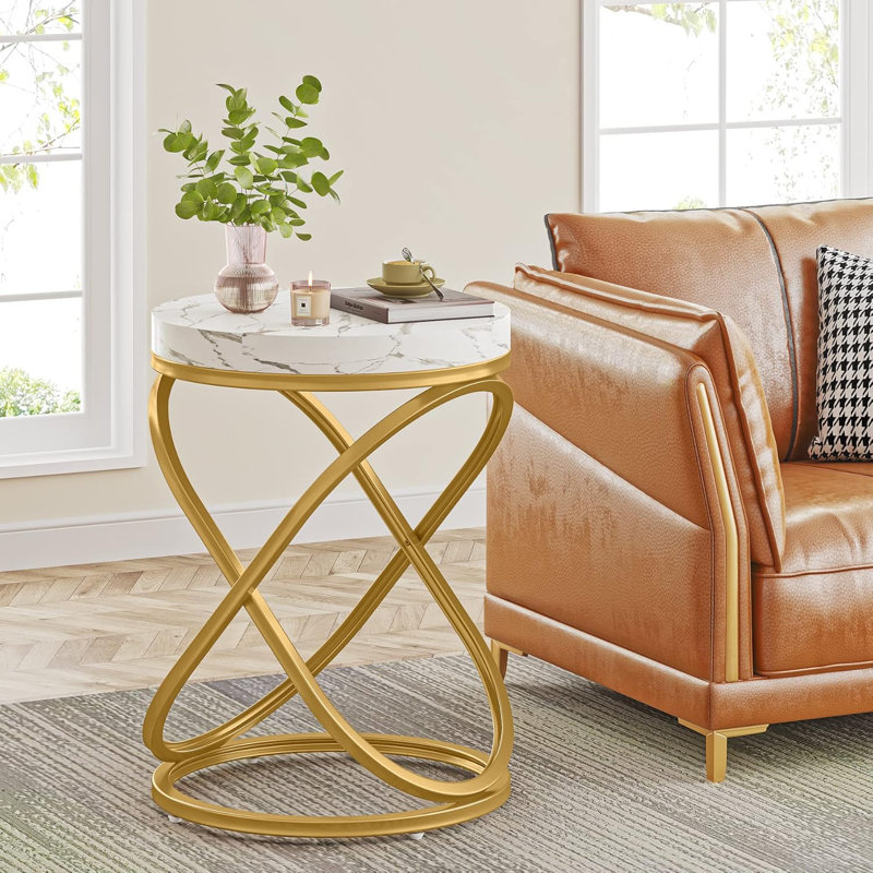 26'' White and Gold Faux Marble Top Round End Table
