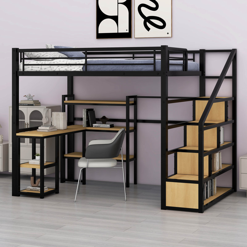 Mersie Full Metal Slats Loft Bed with Bookcase by Mason & Marbles, Black