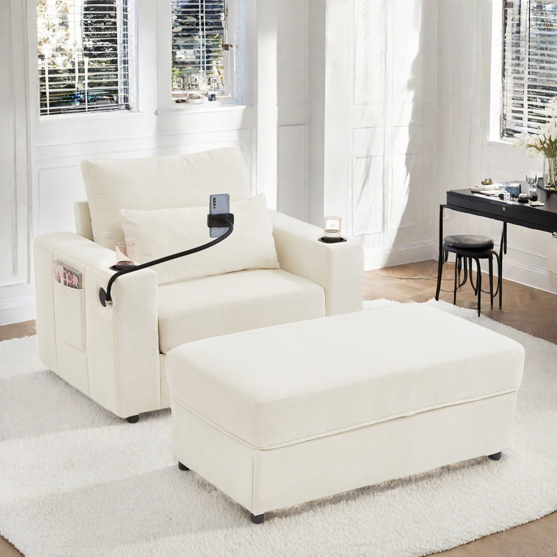 Upholstered Armchair With Storage Ottoman & USB Ports, Beige
