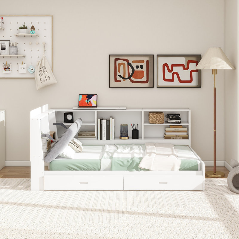 Wood  Platform Bed With Storage Headboard, Shelves And 2 Drawers,, Twin, White