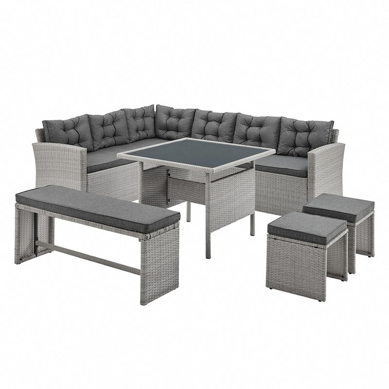 Two Tone Grey Rattan Dark Grey 6pcs Corner Garden Furniture, Grey