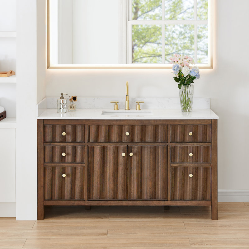 Lala 60" Single Bathroom Vanity with Grain White Engineered Stone Countertop without Mirror, Brown Brushed Oak