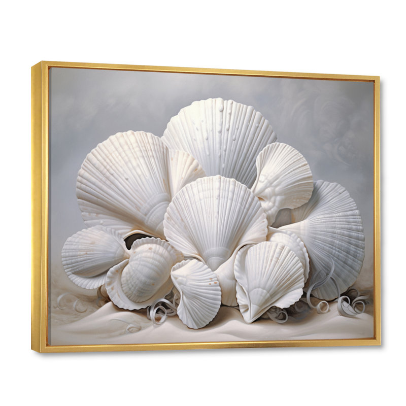 Coquillages blancs monochromes, H 16 po x l 32 po x P 1 po, Cadre flottant doré