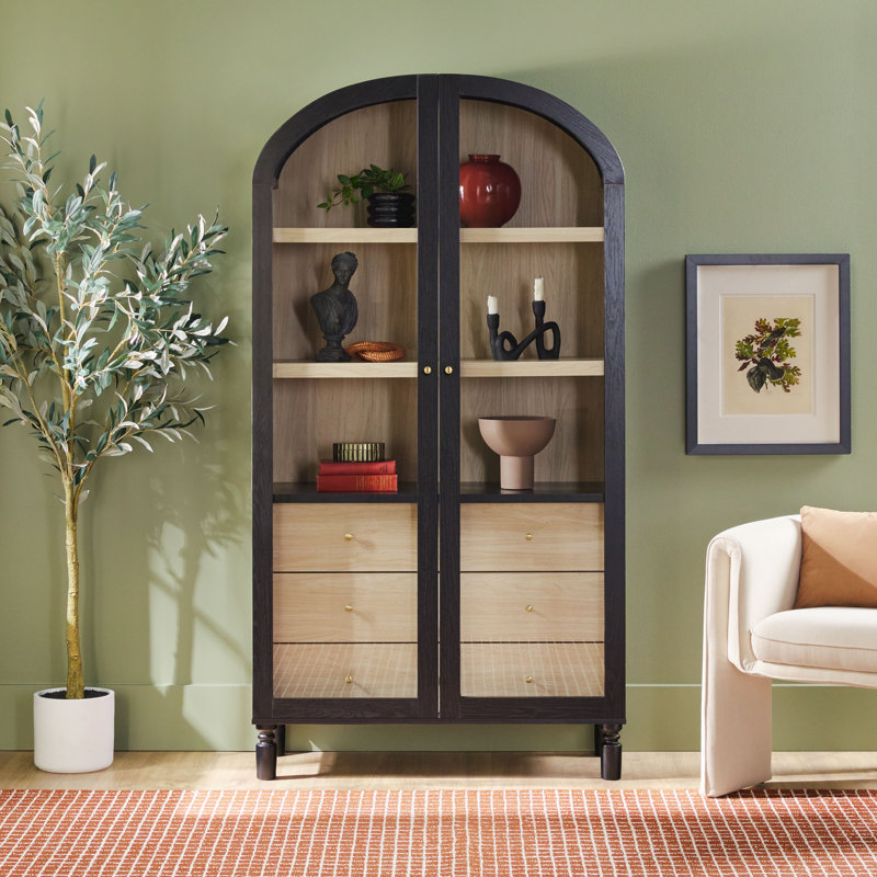 Holzhauer Modern Arched Glass Bookcase With Cabinet, Black