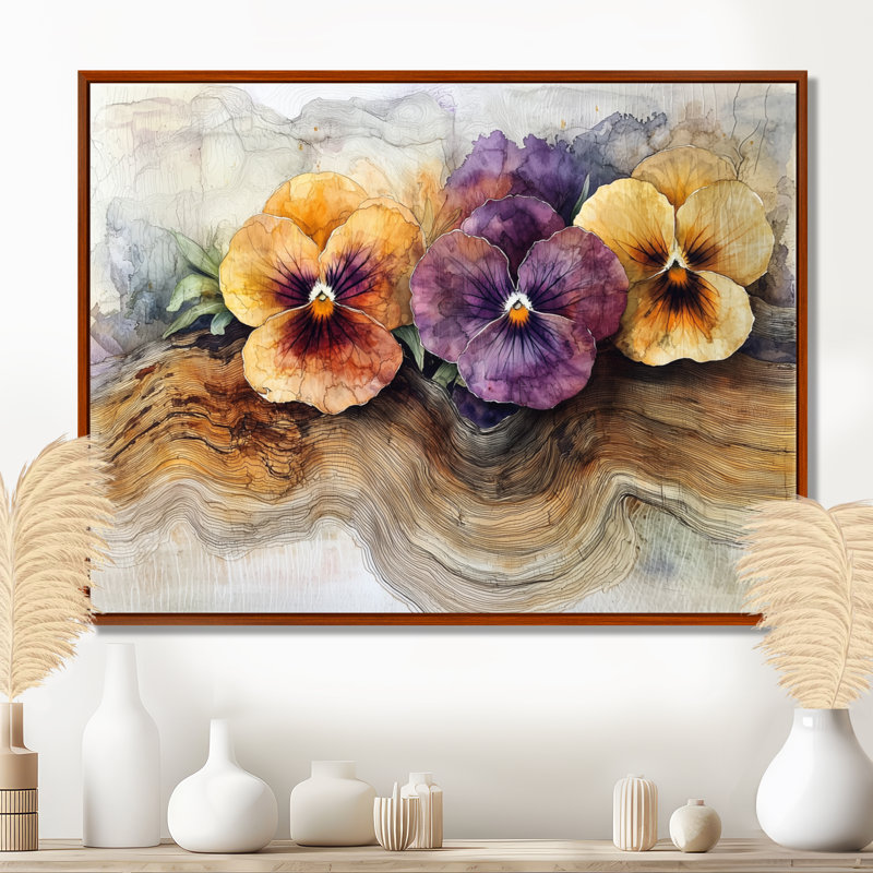 Giralt Summer Pansies Flowers on A Top of Wooden Slide II - Pansies, H 30 po x l 40 po, Brun, Impression encadrée flottante