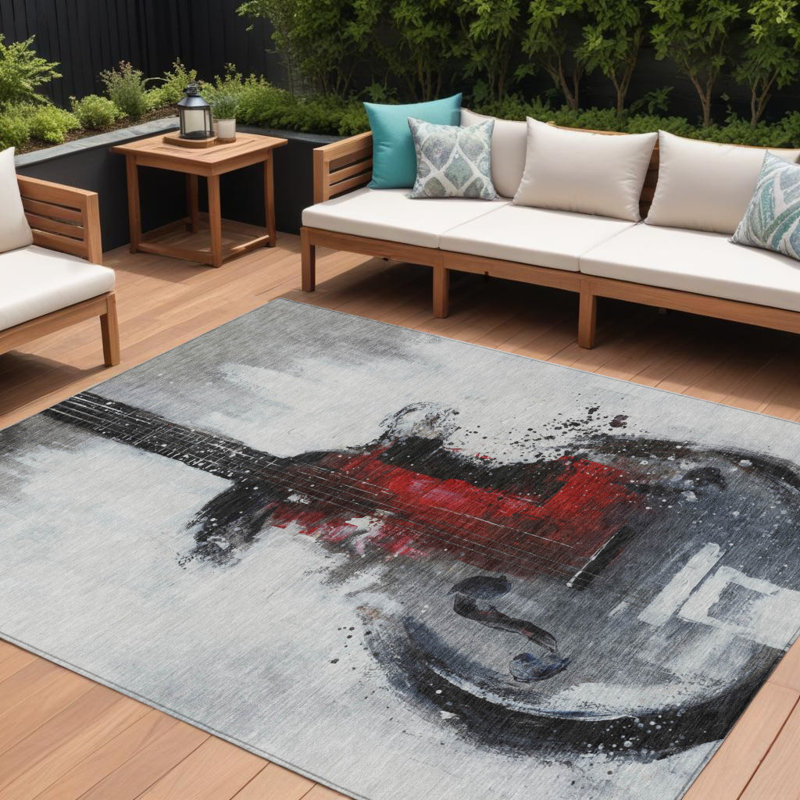 Tapis extérieur lavable abstrait gris anthracite et rouge 9 pi x 12 pi