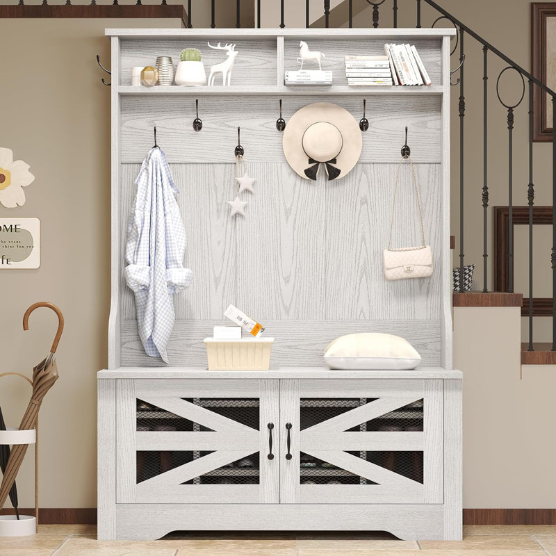 Coleon Hall Tree 43.3 Wide with Bench and Shoe Storage, Embossed White
