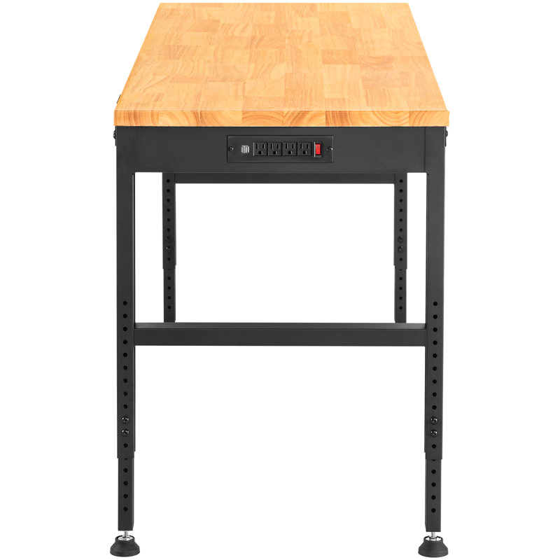 Adjustable Height Wood Workbench with Metal Frame and Power Outlets, 36" H x 61" W x 20" D