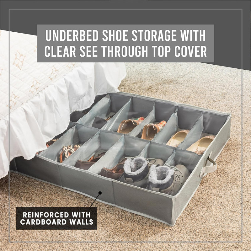 Under Bed Shoe Storage Organizer. Fits Up To 16 Pair, Gray